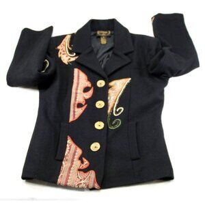 Alex Evenings Womens Black Wool Blend Embroidered Button-Up Coat Jacket Small
